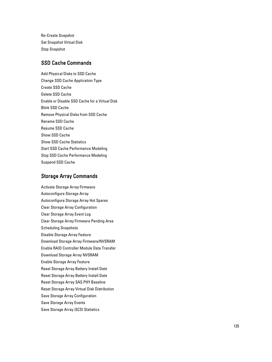 Ssd cache commands, Storage array commands | Dell PowerVault MD3260i User Manual | Page 125 / 388