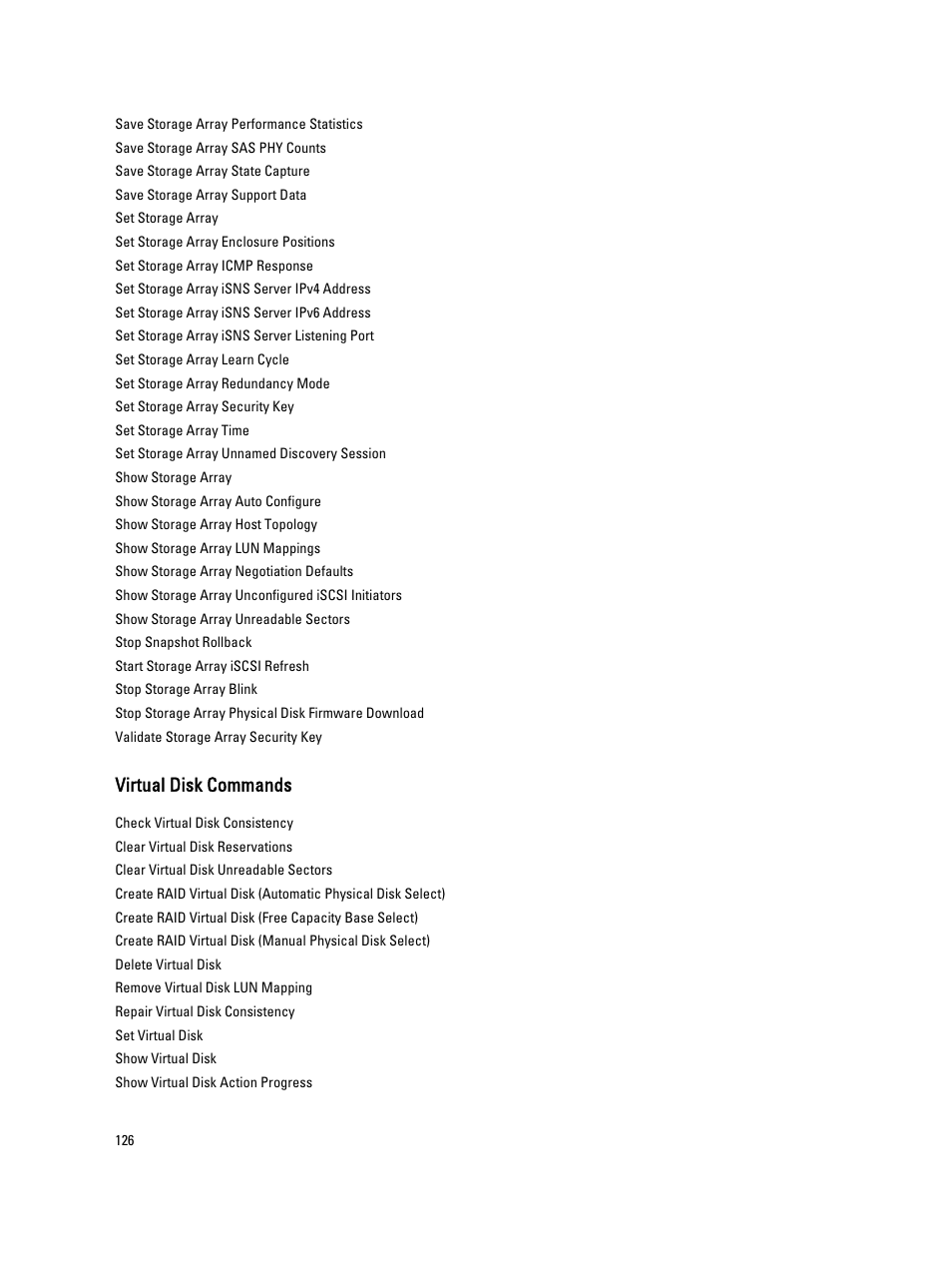 Virtual disk commands | Dell PowerVault MD3260i User Manual | Page 126 / 388