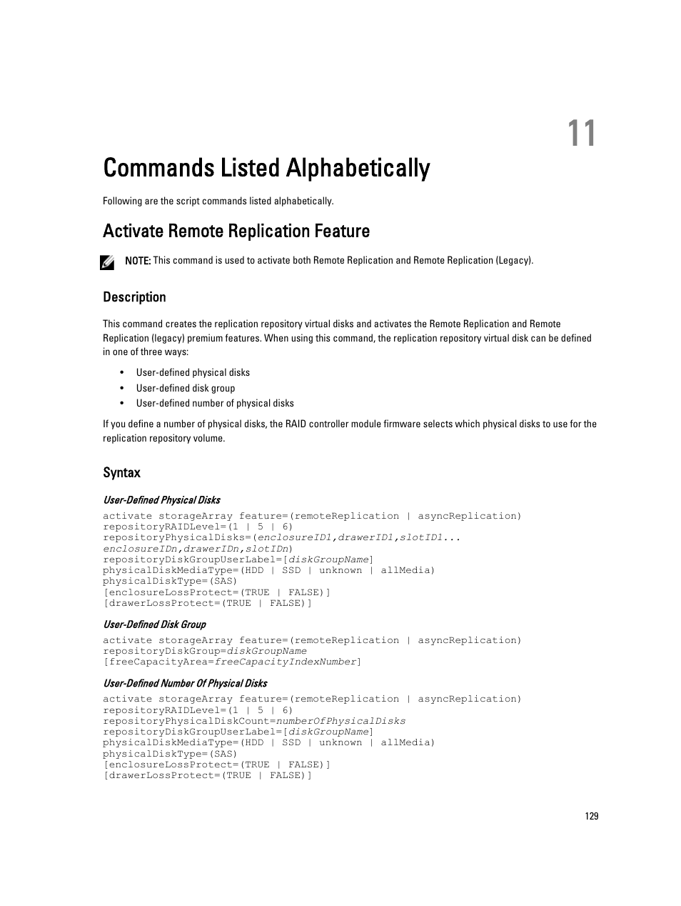 Commands listed alphabetically, Activate remote replication feature, 11 commands listed alphabetically | Commands listed, Alphabetically | Dell PowerVault MD3260i User Manual | Page 129 / 388