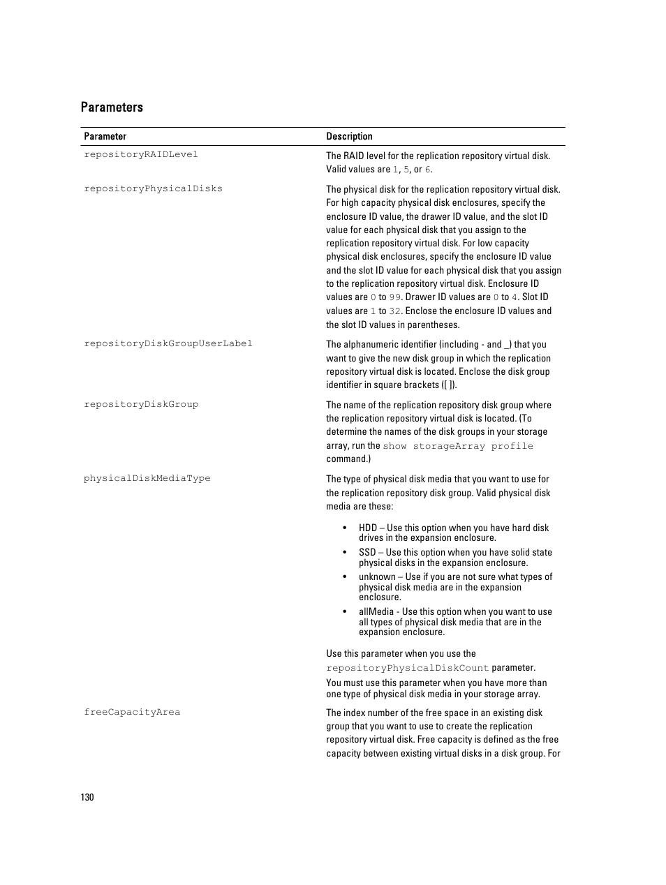Parameters | Dell PowerVault MD3260i User Manual | Page 130 / 388