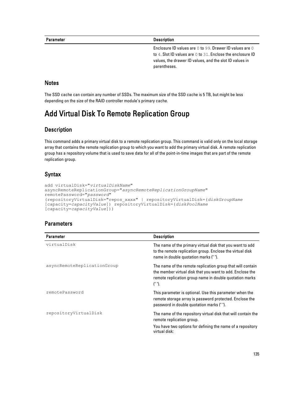 Add virtual disk to remote replication group, Description, Syntax | Parameters | Dell PowerVault MD3260i User Manual | Page 135 / 388