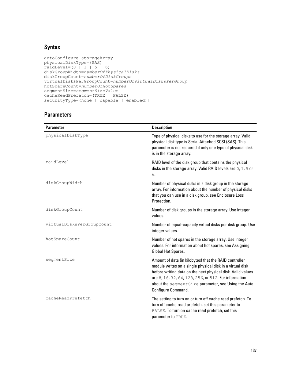 Syntax, Parameters | Dell PowerVault MD3260i User Manual | Page 137 / 388
