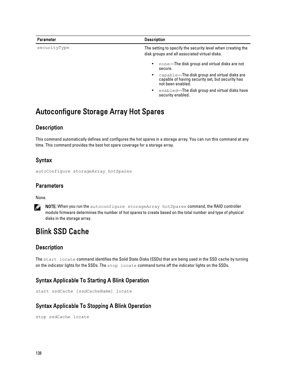 Autoconfigure storage array hot spares, Blink ssd cache | Dell PowerVault MD3260i User Manual | Page 138 / 388