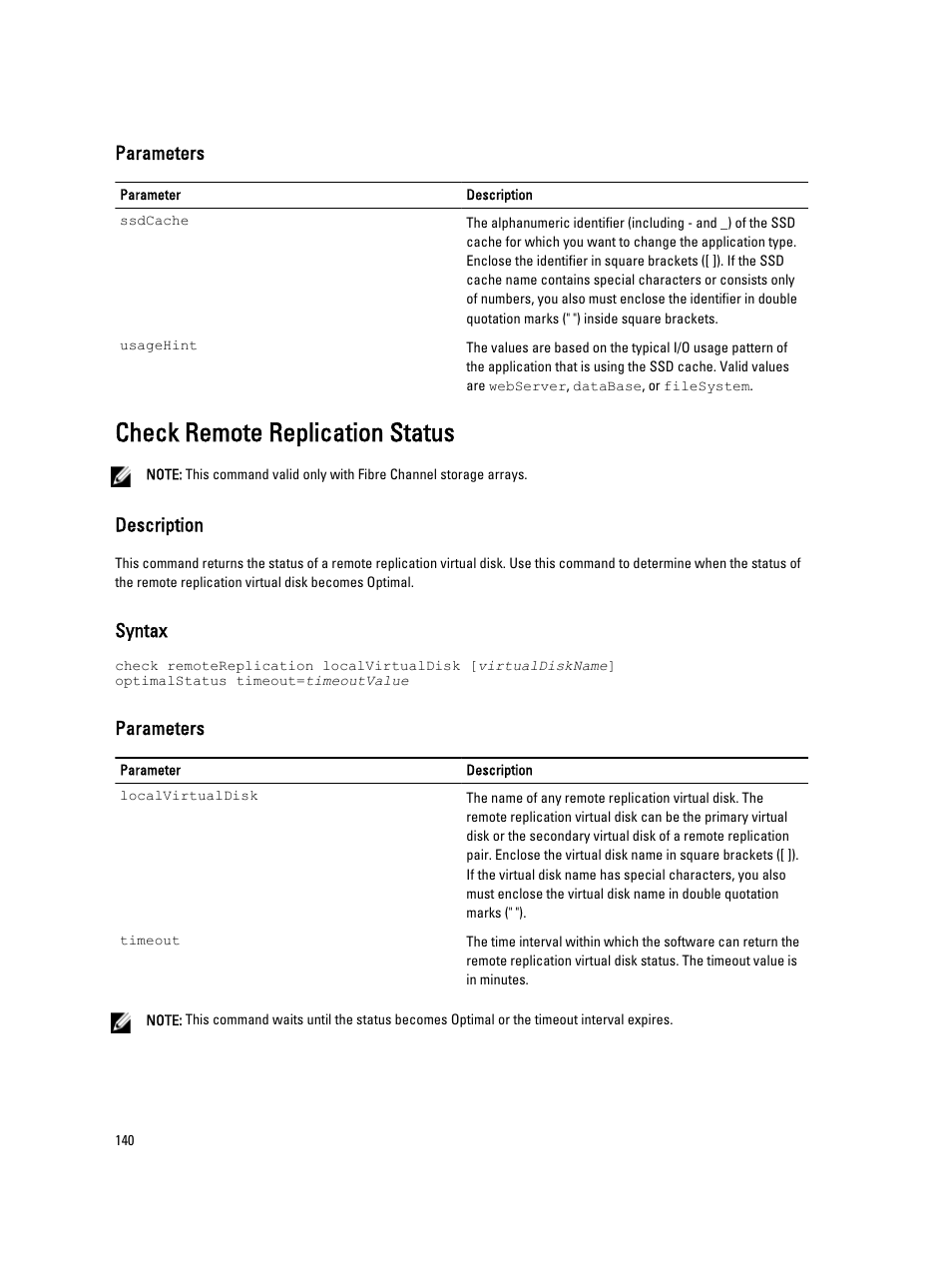 Check remote replication status, Parameters, Description | Syntax | Dell PowerVault MD3260i User Manual | Page 140 / 388