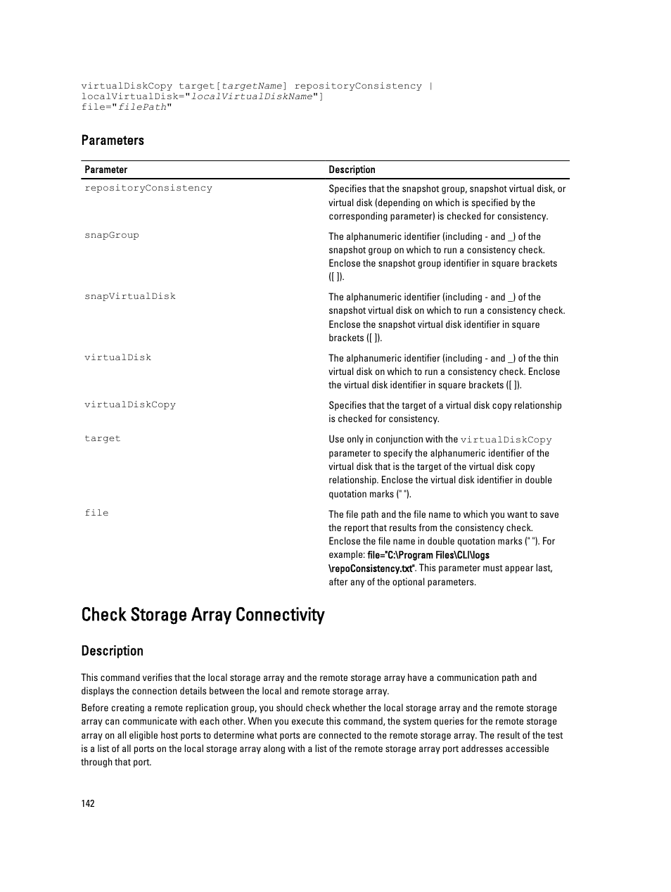 Check storage array connectivity, Parameters, Description | Dell PowerVault MD3260i User Manual | Page 142 / 388