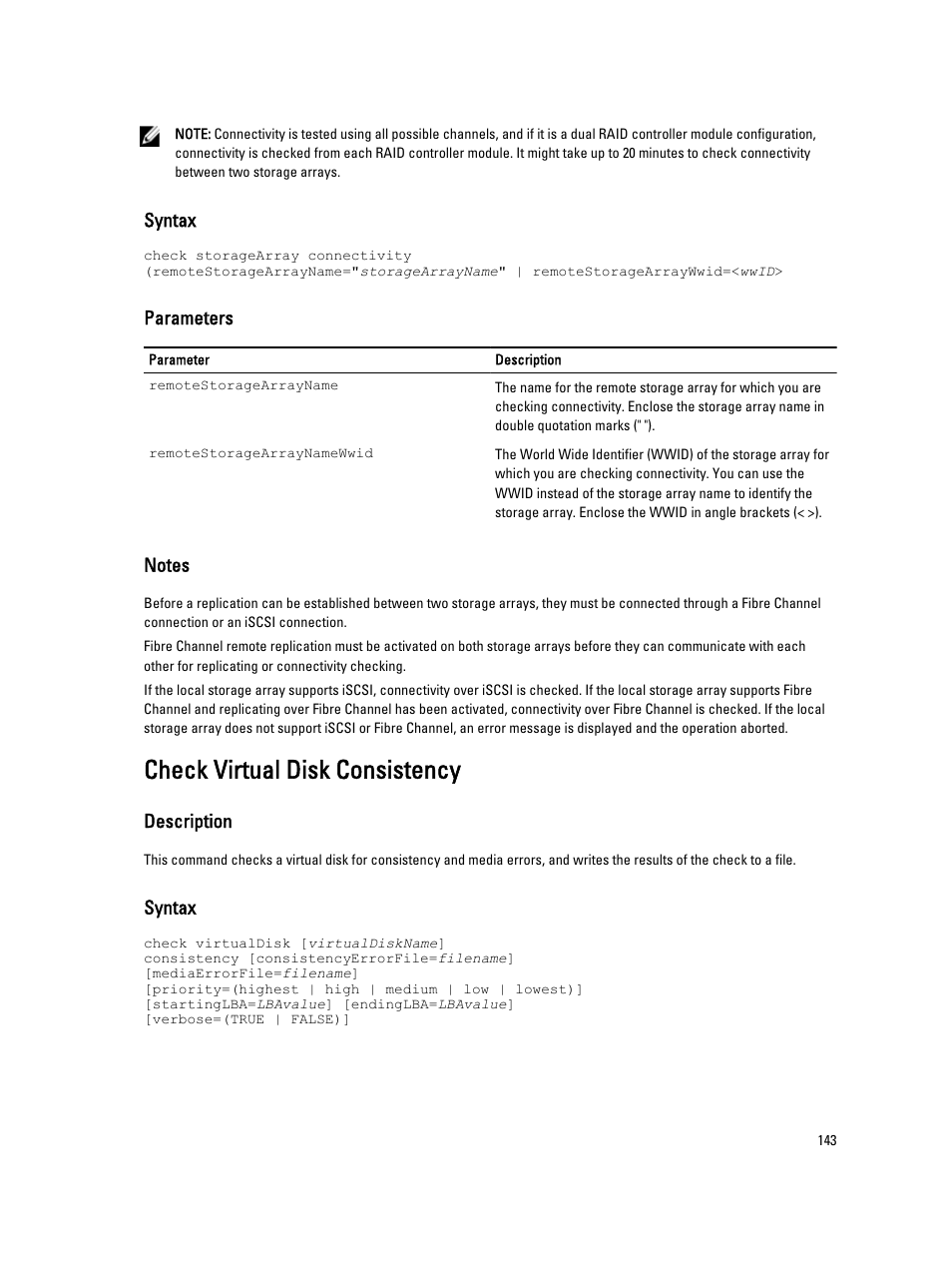 Check virtual disk consistency, Syntax, Parameters | Description | Dell PowerVault MD3260i User Manual | Page 143 / 388