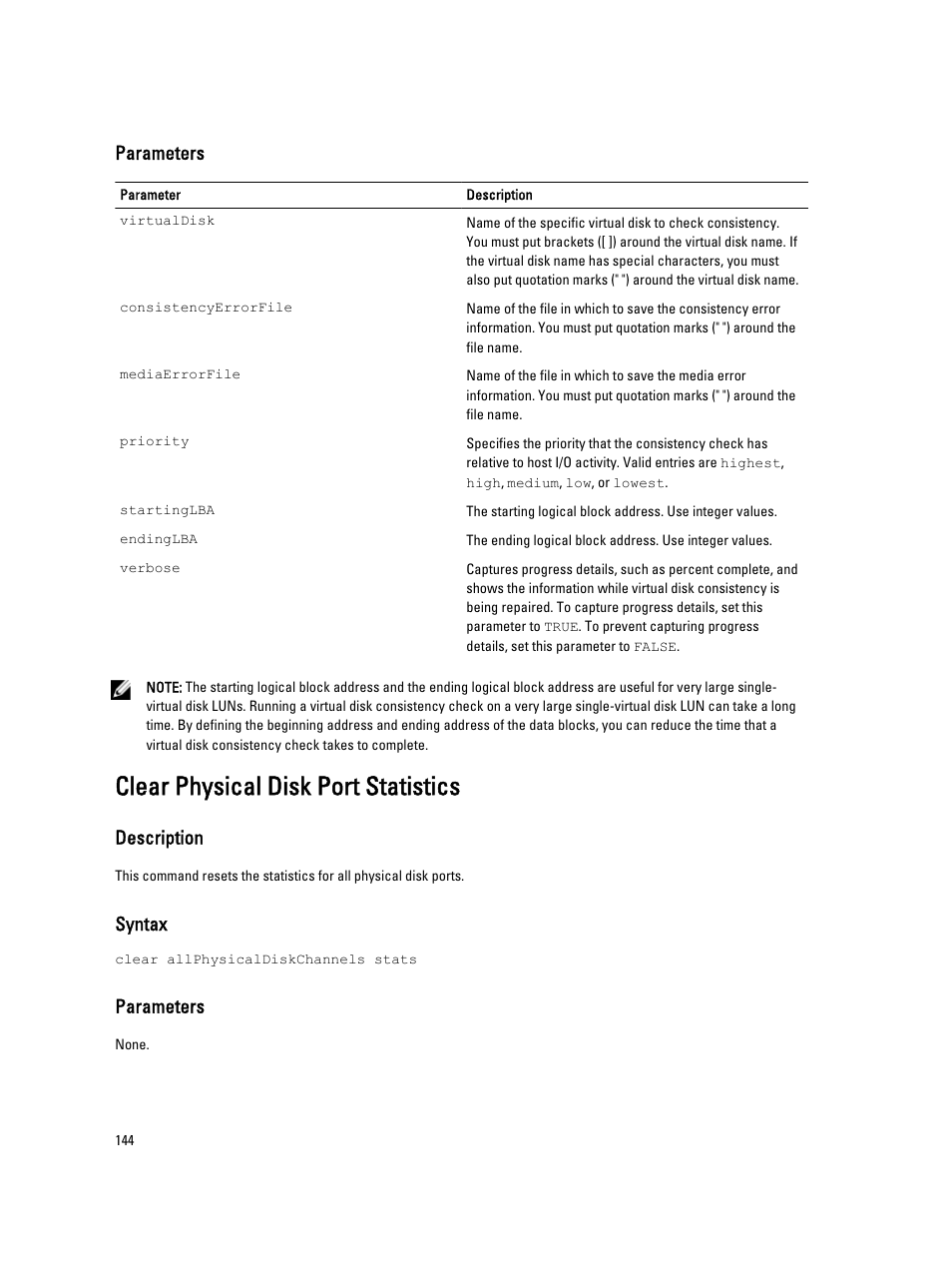 Clear physical disk port statistics, Parameters, Description | Syntax | Dell PowerVault MD3260i User Manual | Page 144 / 388