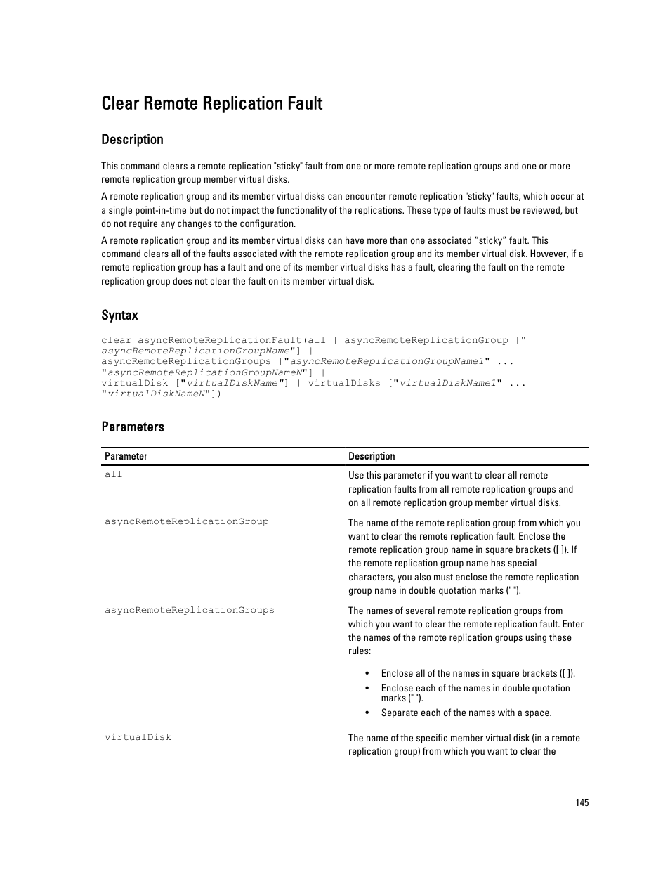 Clear remote replication fault, Description, Syntax | Parameters | Dell PowerVault MD3260i User Manual | Page 145 / 388