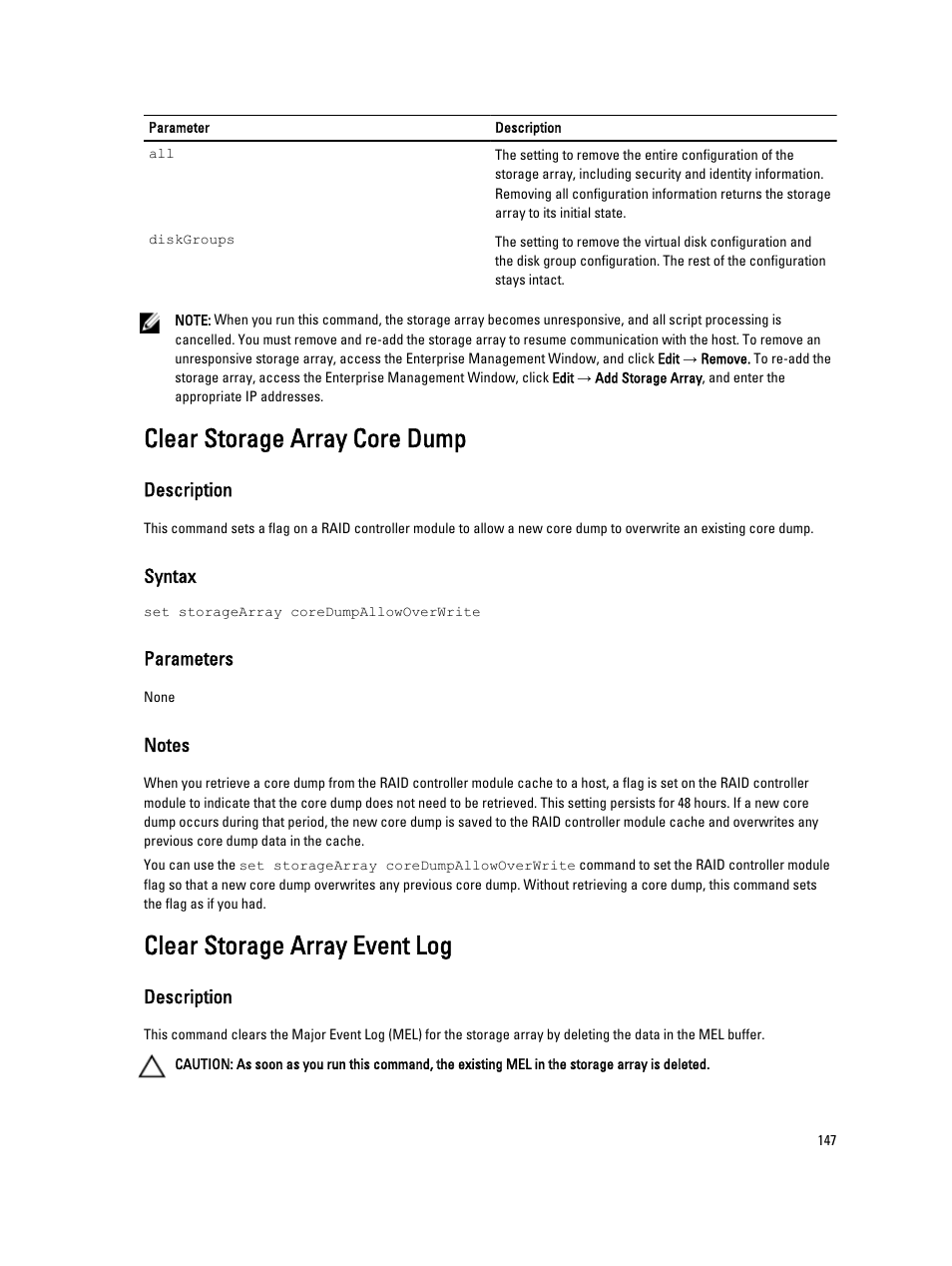 Clear storage array core dump, Clear storage array event log | Dell PowerVault MD3260i User Manual | Page 147 / 388