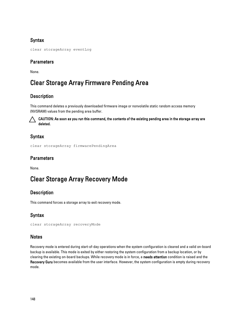Clear storage array firmware pending area, Clear storage array recovery mode | Dell PowerVault MD3260i User Manual | Page 148 / 388