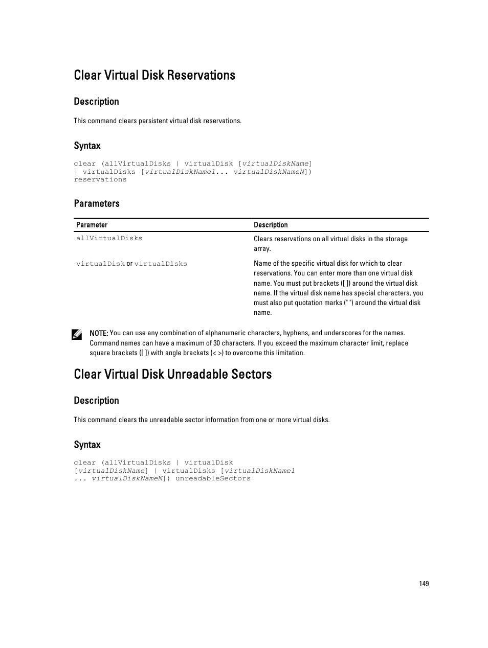 Clear virtual disk reservations, Clear virtual disk unreadable sectors | Dell PowerVault MD3260i User Manual | Page 149 / 388