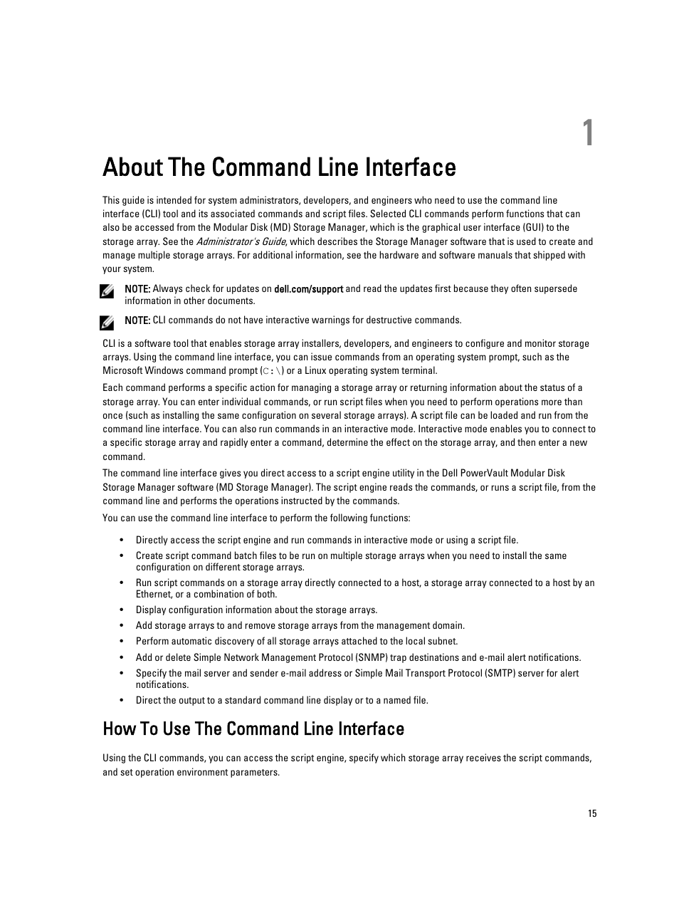 About the command line interface, How to use the command line interface, 1 about the command line interface | Dell PowerVault MD3260i User Manual | Page 15 / 388