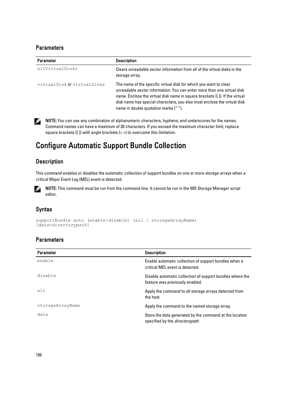 Configure automatic support bundle collection, Parameters, Description | Syntax | Dell PowerVault MD3260i User Manual | Page 150 / 388