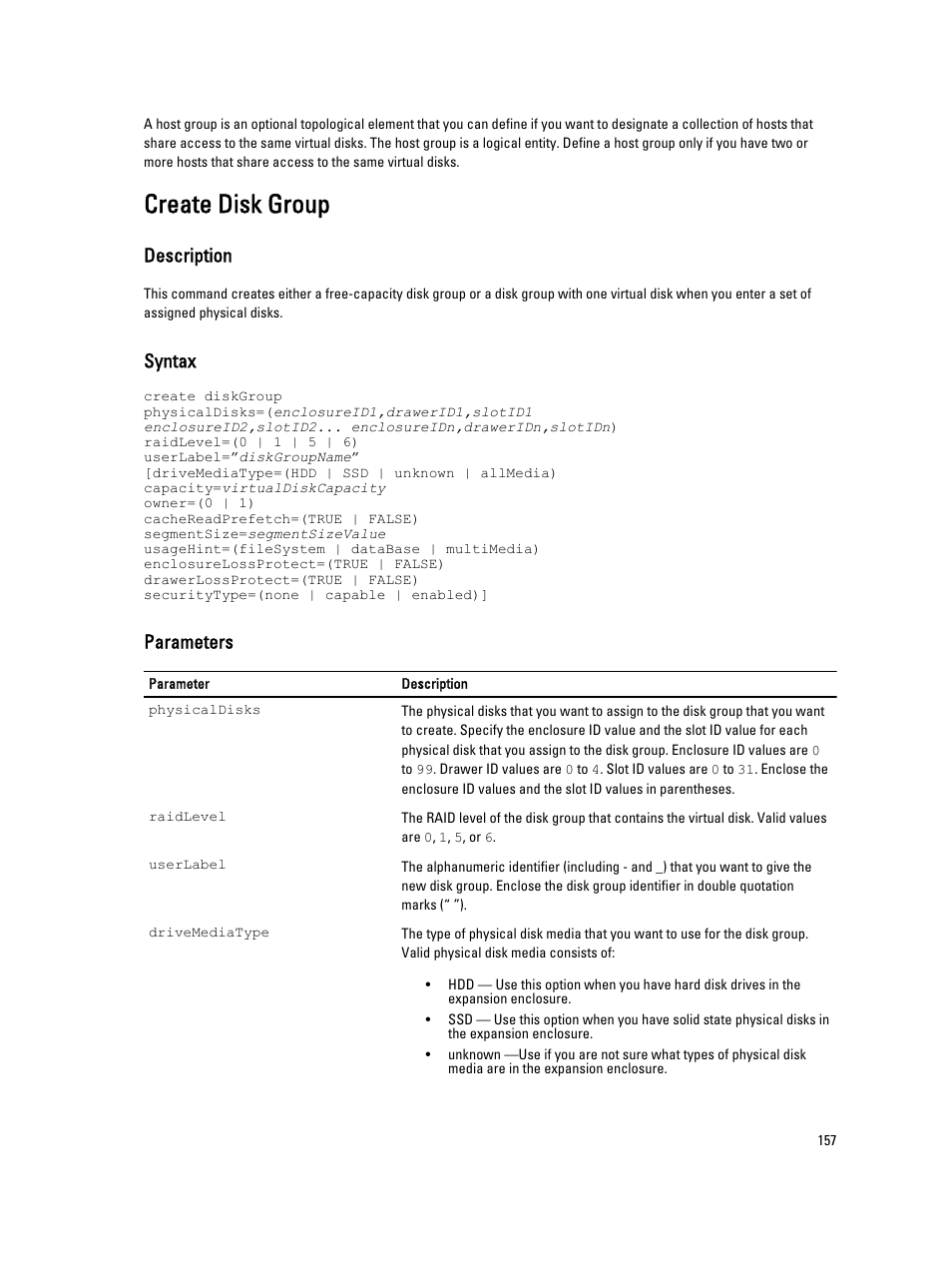 Create disk group, Description, Syntax | Parameters | Dell PowerVault MD3260i User Manual | Page 157 / 388