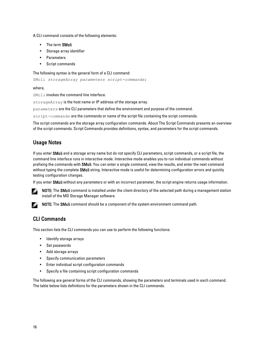 Usage notes, Cli commands | Dell PowerVault MD3260i User Manual | Page 16 / 388