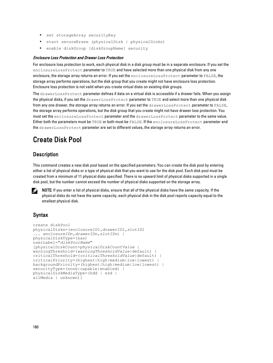 Create disk pool, Description, Syntax | Dell PowerVault MD3260i User Manual | Page 160 / 388