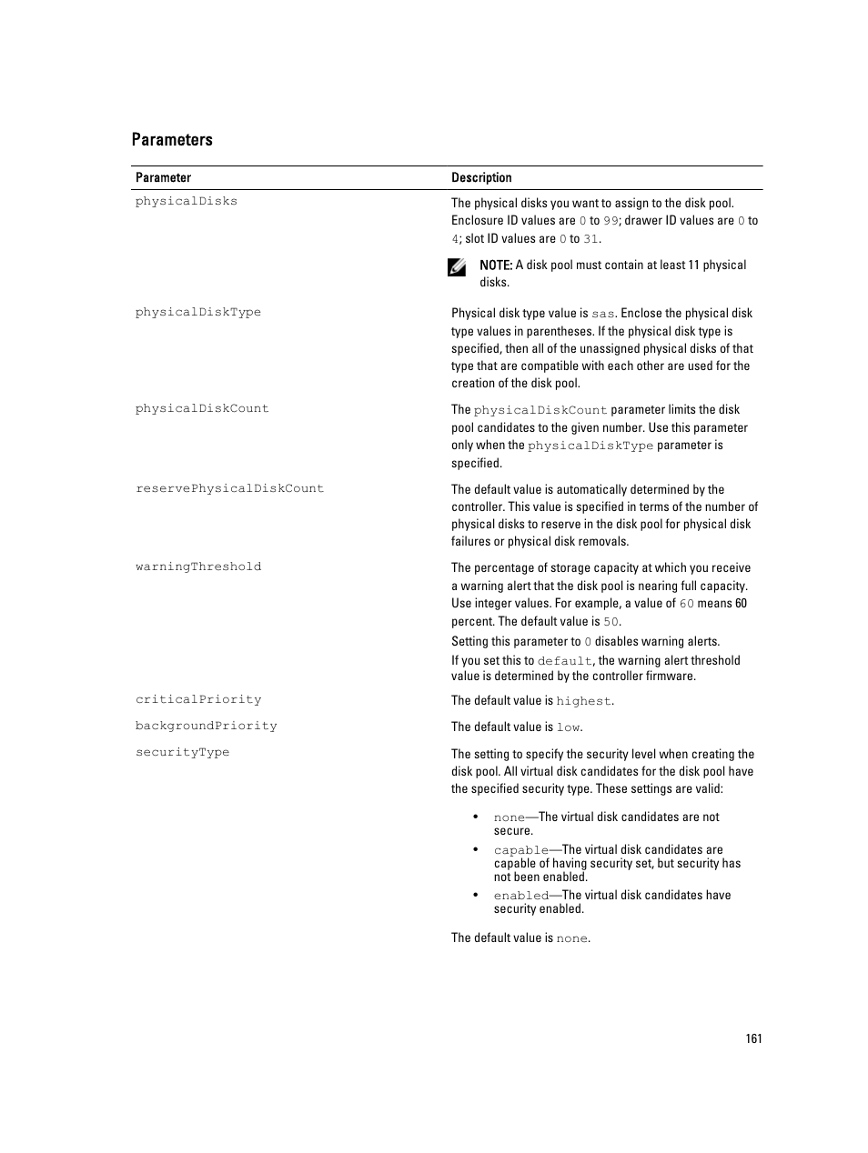 Parameters | Dell PowerVault MD3260i User Manual | Page 161 / 388