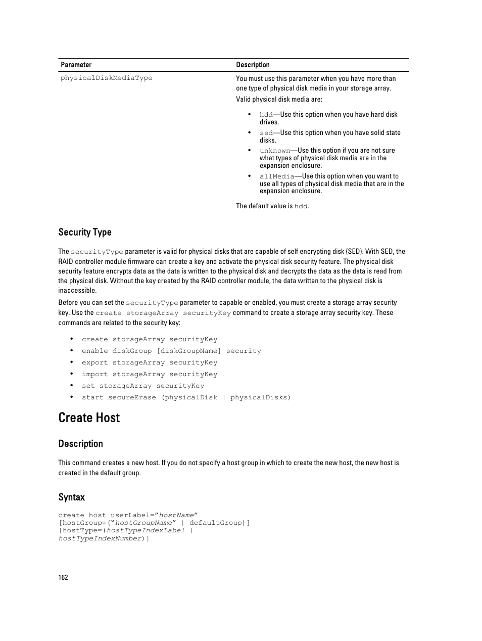 Create host, Security type, Description | Syntax | Dell PowerVault MD3260i User Manual | Page 162 / 388