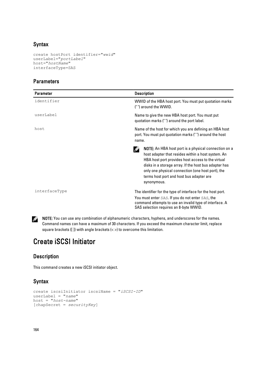 Create iscsi initiator, Syntax, Parameters | Description | Dell PowerVault MD3260i User Manual | Page 164 / 388