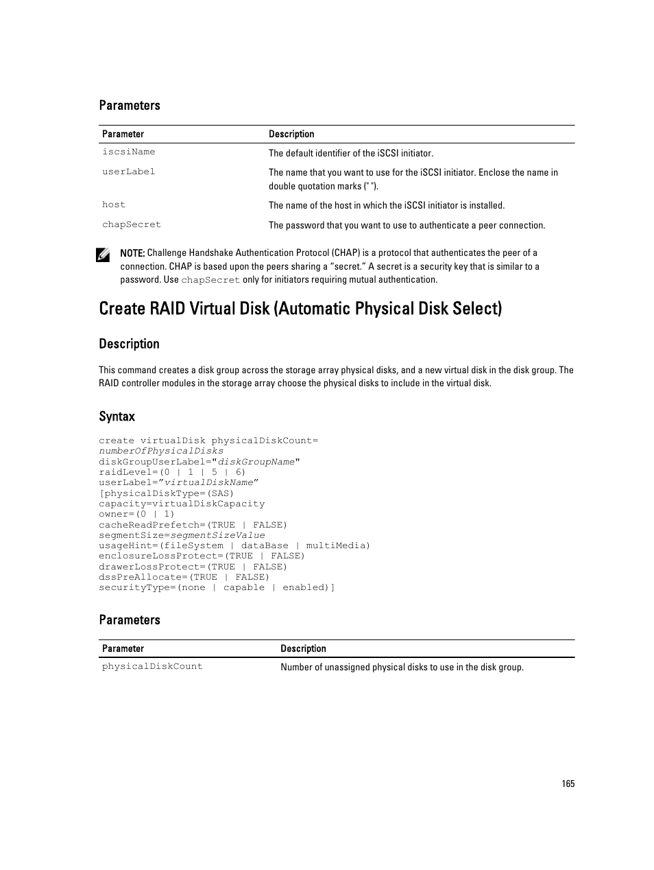 Parameters, Description, Syntax | Dell PowerVault MD3260i User Manual | Page 165 / 388