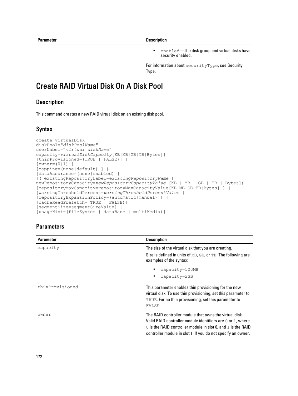 Create raid virtual disk on a disk pool, Description, Syntax | Parameters | Dell PowerVault MD3260i User Manual | Page 172 / 388