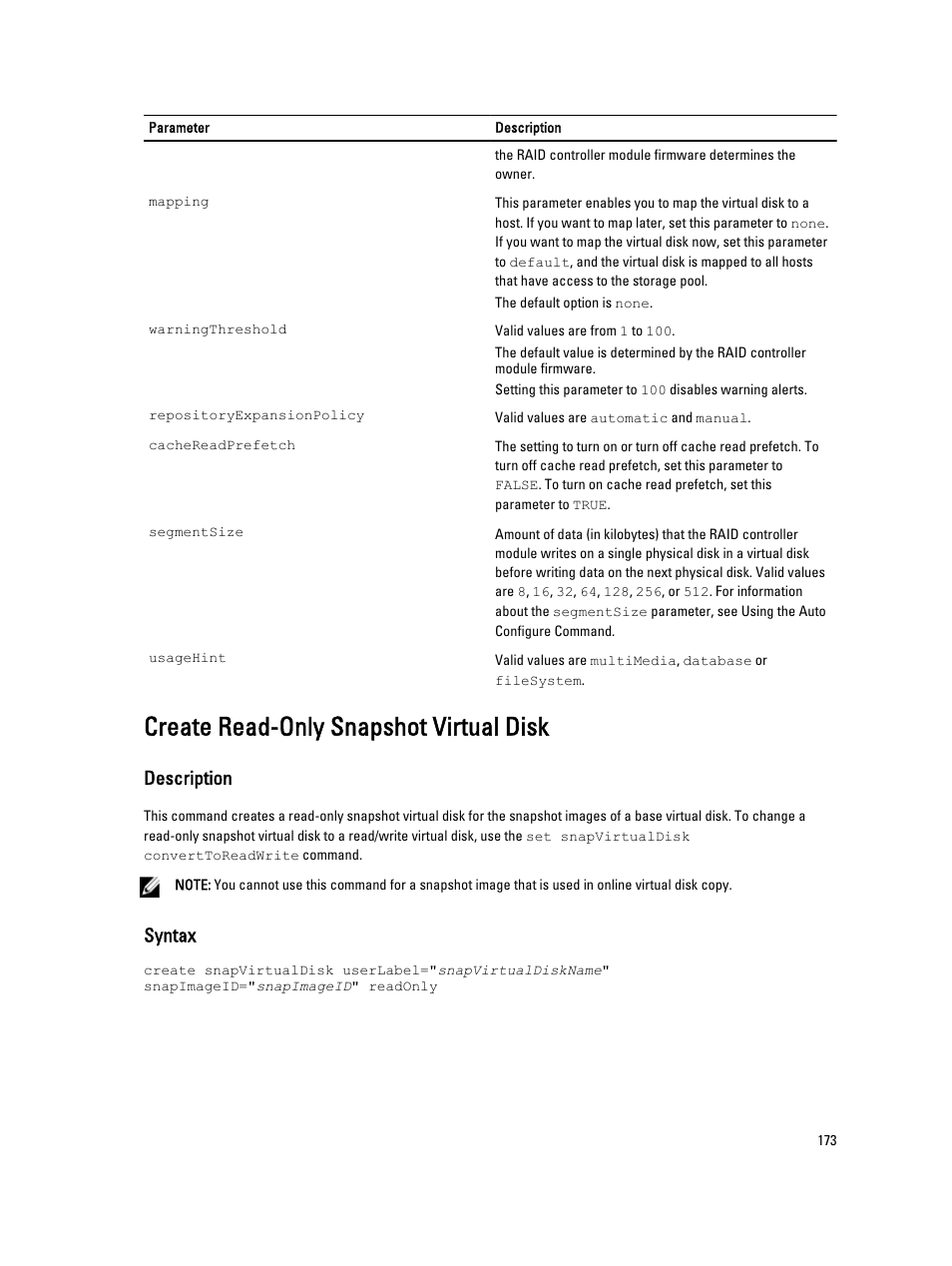 Create read-only snapshot virtual disk, Description, Syntax | Dell PowerVault MD3260i User Manual | Page 173 / 388