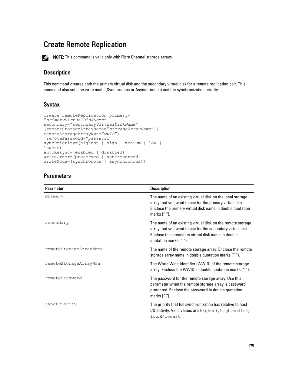 Create remote replication, Description, Syntax | Parameters | Dell PowerVault MD3260i User Manual | Page 175 / 388