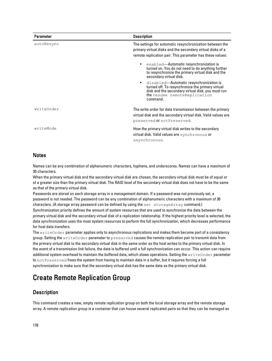 Create remote replication group, Description | Dell PowerVault MD3260i User Manual | Page 176 / 388