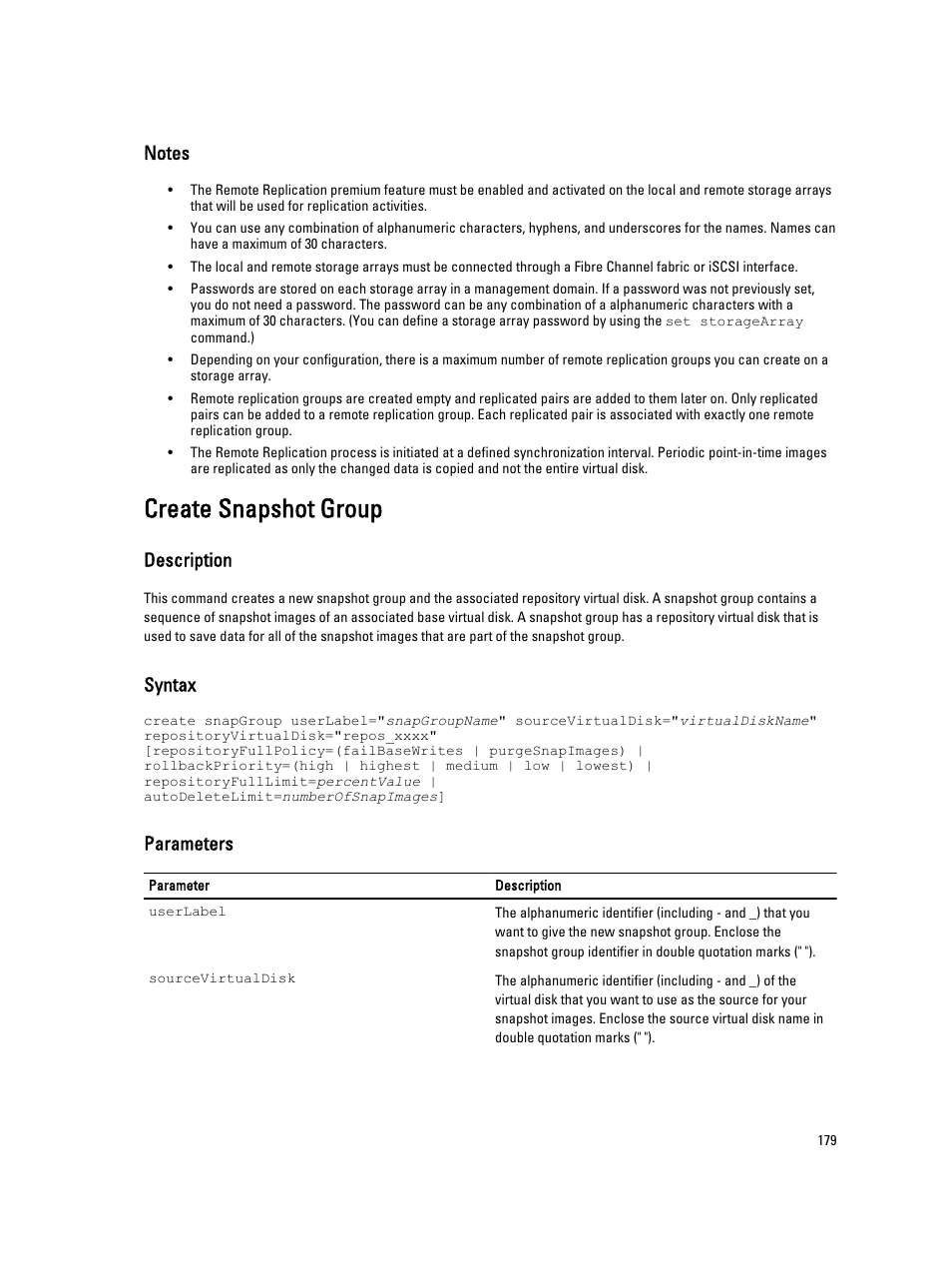 Create snapshot group, Description, Syntax | Parameters | Dell PowerVault MD3260i User Manual | Page 179 / 388