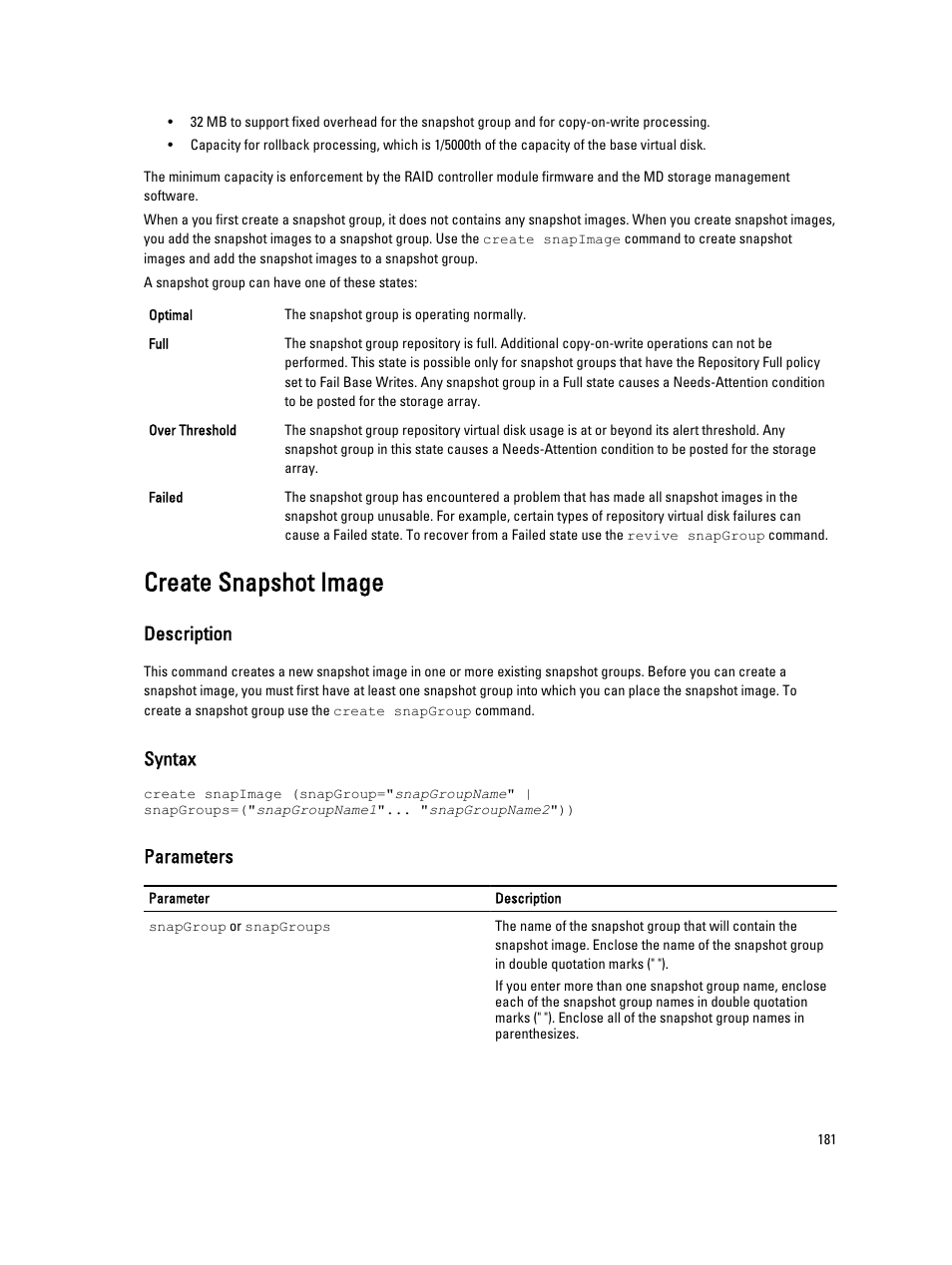 Create snapshot image, Description, Syntax | Parameters | Dell PowerVault MD3260i User Manual | Page 181 / 388