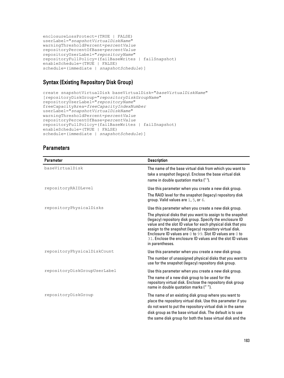 Syntax (existing repository disk group), Parameters | Dell PowerVault MD3260i User Manual | Page 183 / 388
