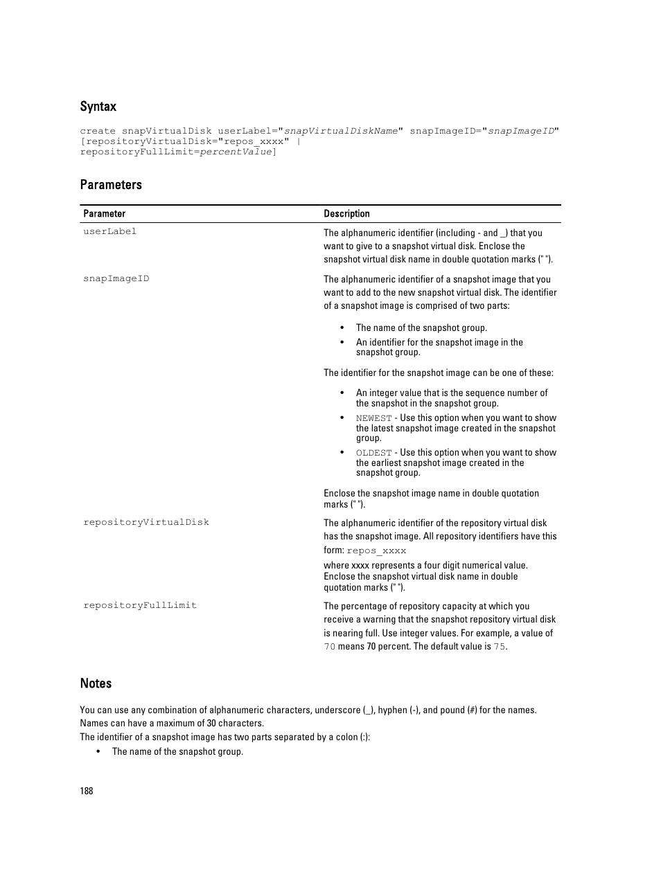 Syntax, Parameters | Dell PowerVault MD3260i User Manual | Page 188 / 388