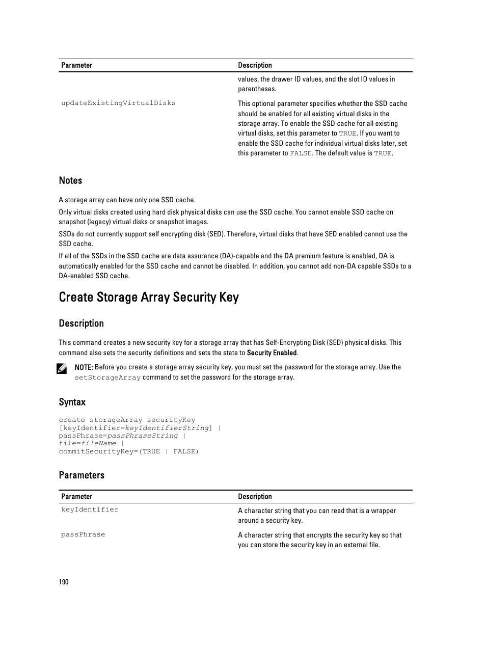 Create storage array security key, Description, Syntax | Parameters | Dell PowerVault MD3260i User Manual | Page 190 / 388