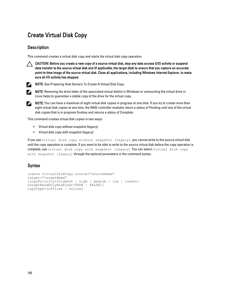 Create virtual disk copy, Description, Syntax | Dell PowerVault MD3260i User Manual | Page 192 / 388