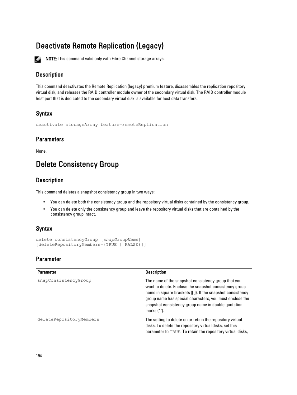 Deactivate remote replication (legacy), Delete consistency group | Dell PowerVault MD3260i User Manual | Page 194 / 388