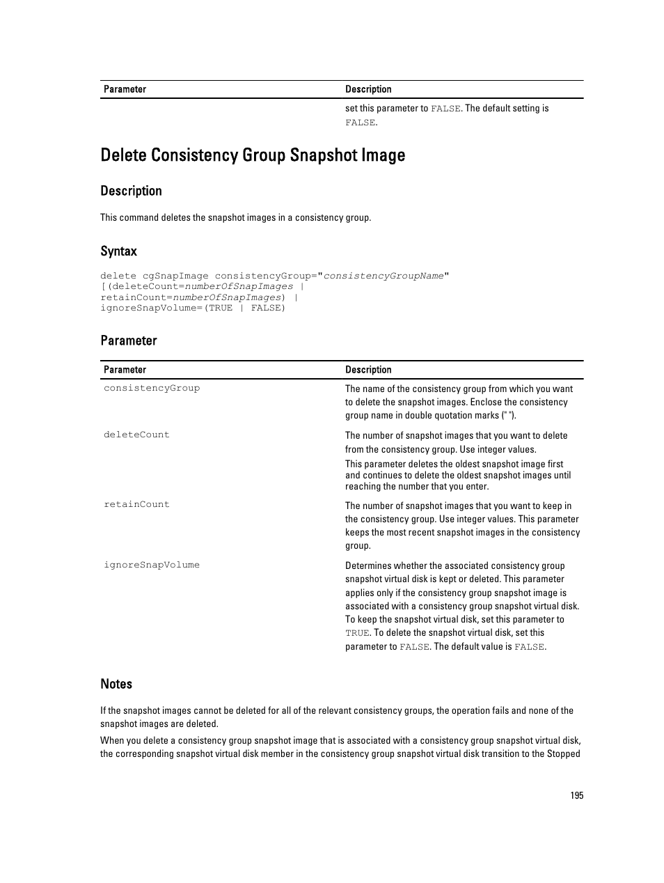 Delete consistency group snapshot image, Description, Syntax | Parameter | Dell PowerVault MD3260i User Manual | Page 195 / 388