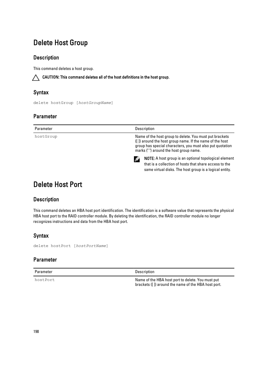 Delete host group, Delete host port | Dell PowerVault MD3260i User Manual | Page 198 / 388