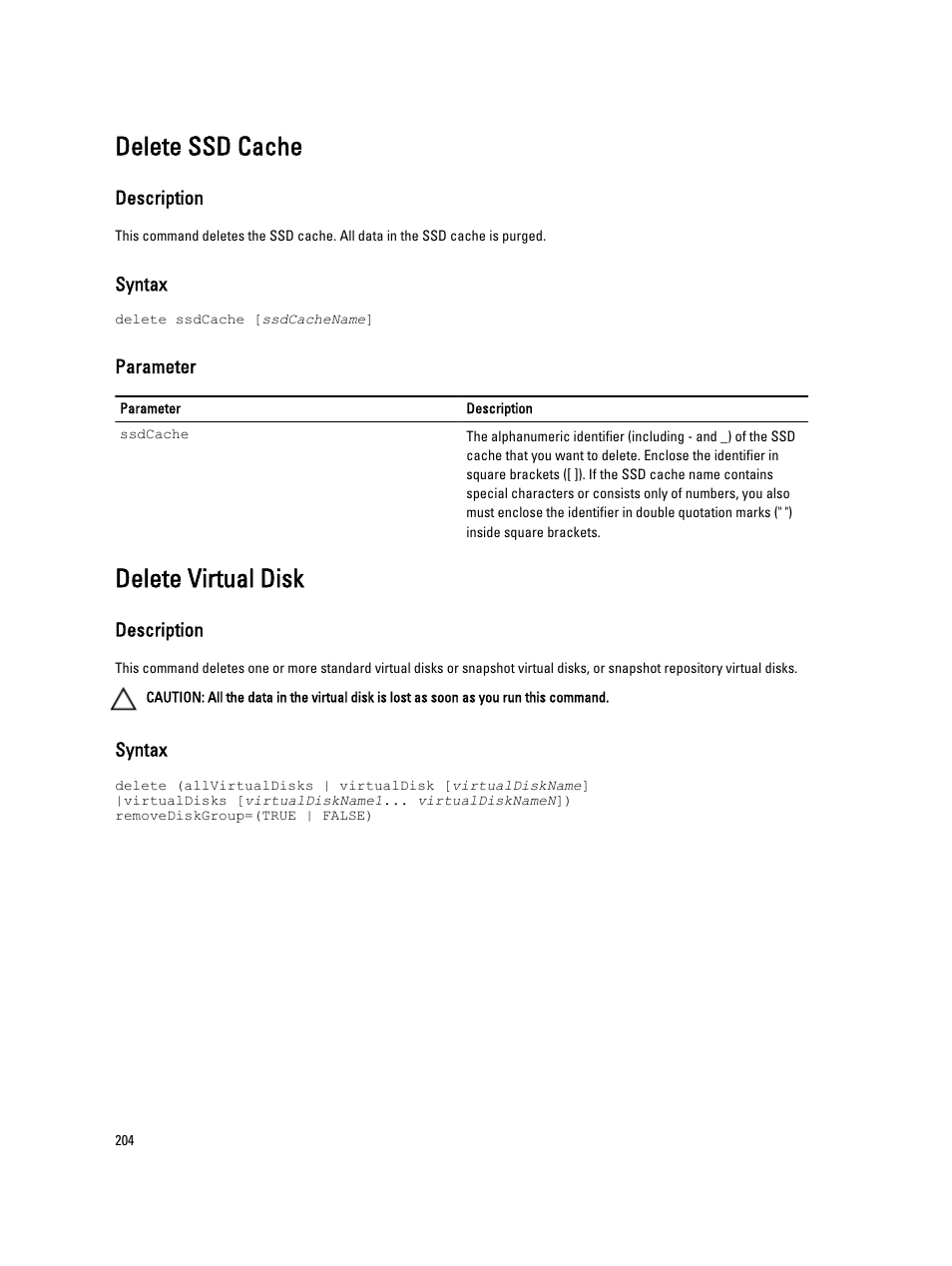 Delete ssd cache, Delete virtual disk | Dell PowerVault MD3260i User Manual | Page 204 / 388