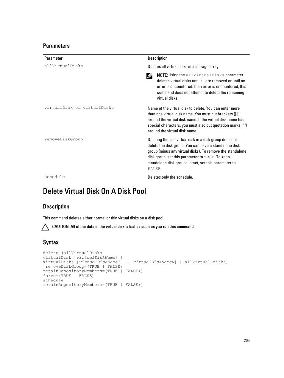 Delete virtual disk on a disk pool, Parameters, Description | Syntax | Dell PowerVault MD3260i User Manual | Page 205 / 388