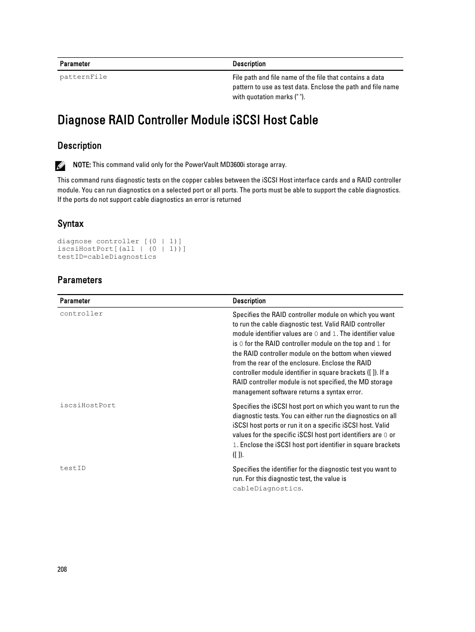 Diagnose raid controller module iscsi host cable, Description, Syntax | Parameters | Dell PowerVault MD3260i User Manual | Page 208 / 388