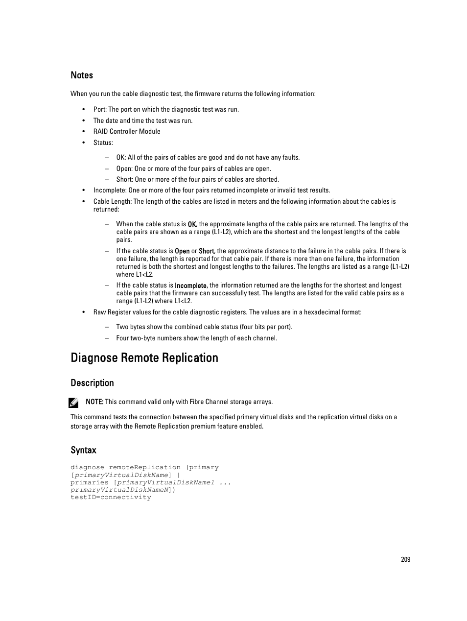 Diagnose remote replication, Description, Syntax | Dell PowerVault MD3260i User Manual | Page 209 / 388