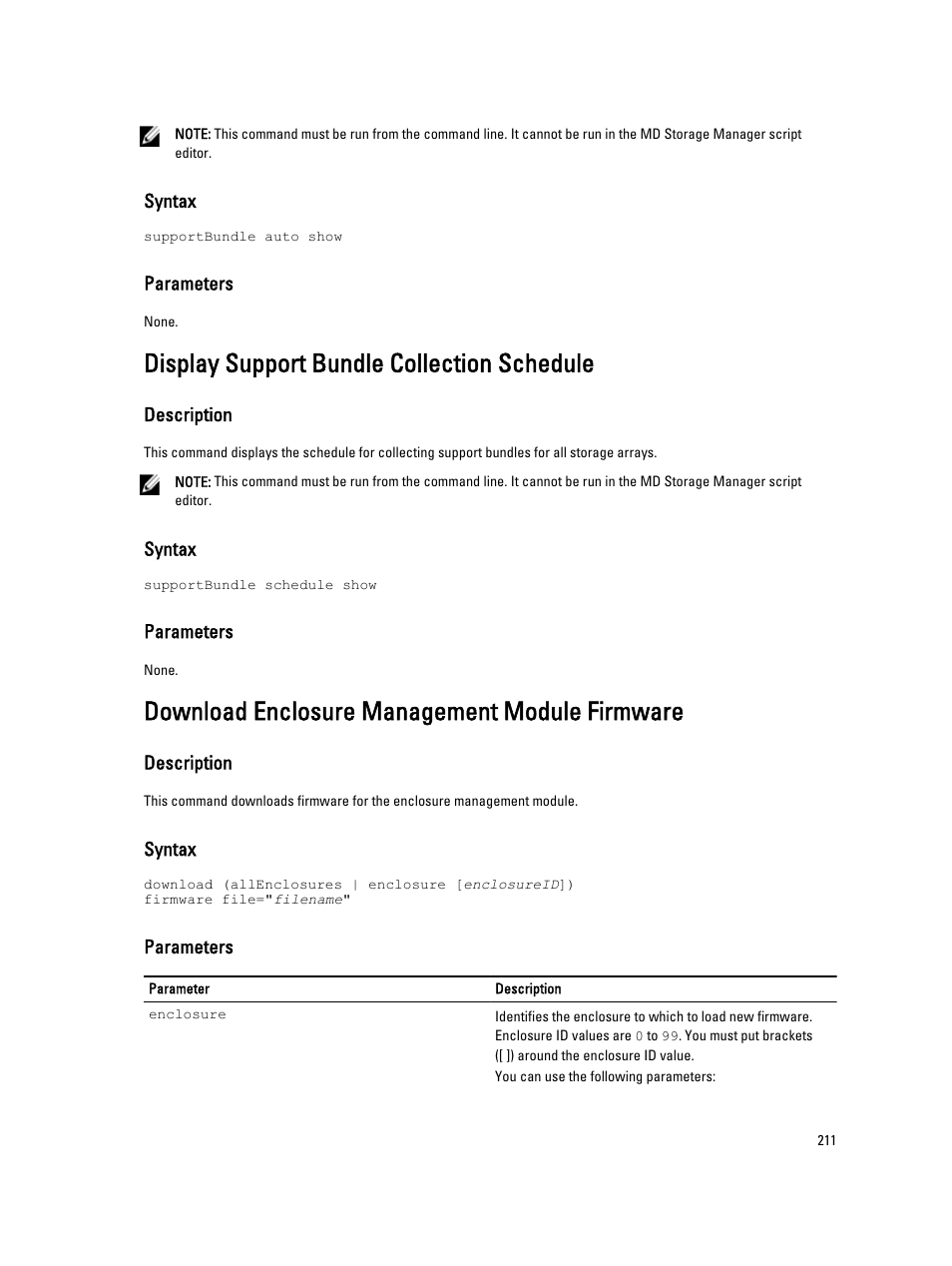 Display support bundle collection schedule, Download enclosure management module firmware | Dell PowerVault MD3260i User Manual | Page 211 / 388