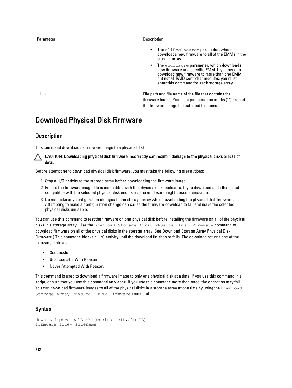 Download physical disk firmware, Description, Syntax | Dell PowerVault MD3260i User Manual | Page 212 / 388