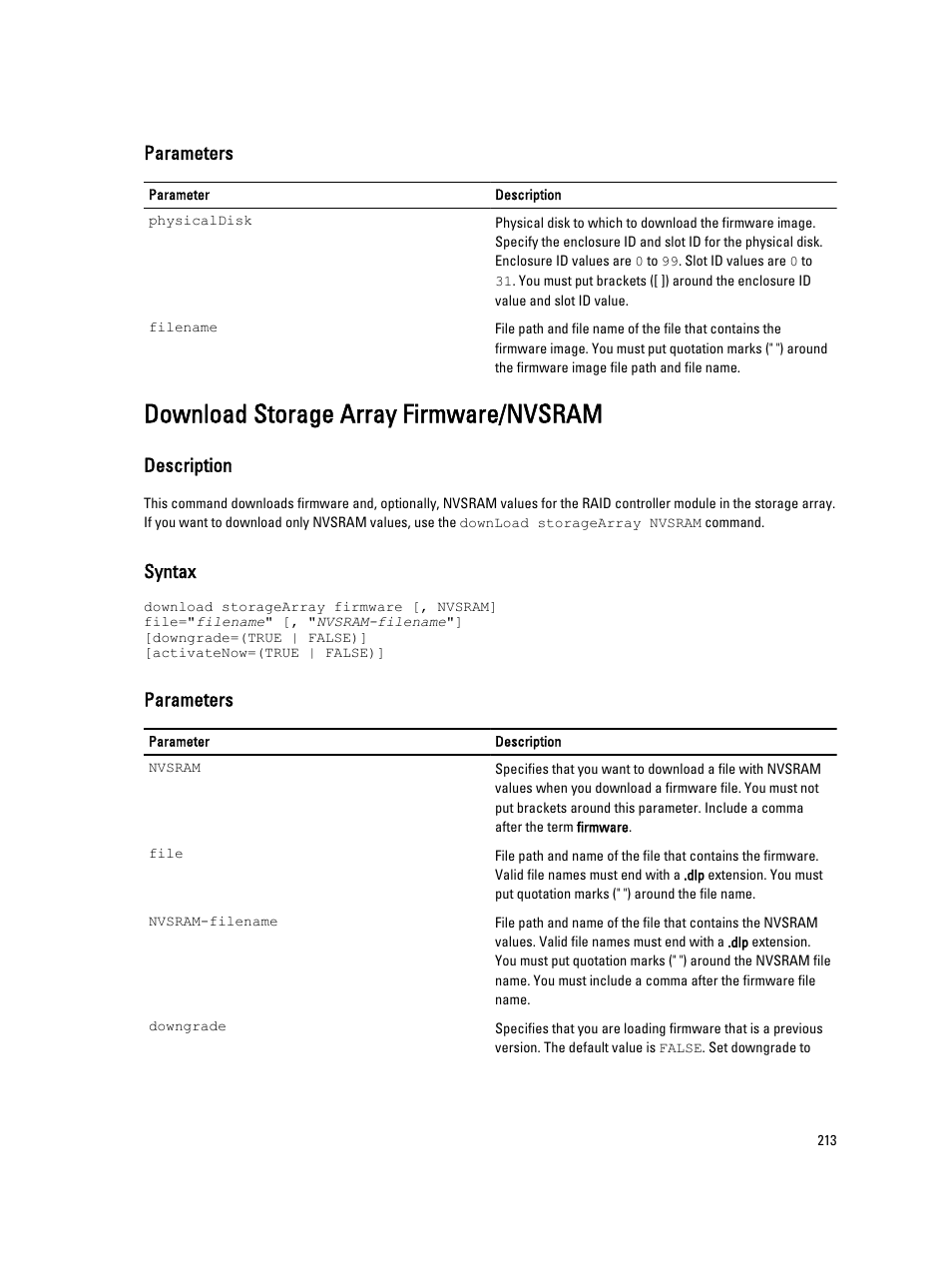 Download storage array firmware/nvsram, Parameters, Description | Syntax | Dell PowerVault MD3260i User Manual | Page 213 / 388