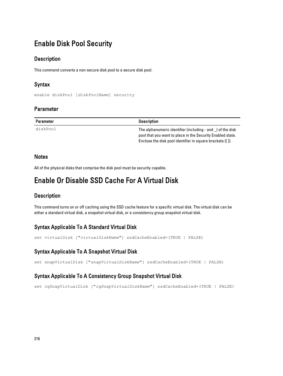 Enable disk pool security, Enable or disable ssd cache for a virtual disk | Dell PowerVault MD3260i User Manual | Page 216 / 388