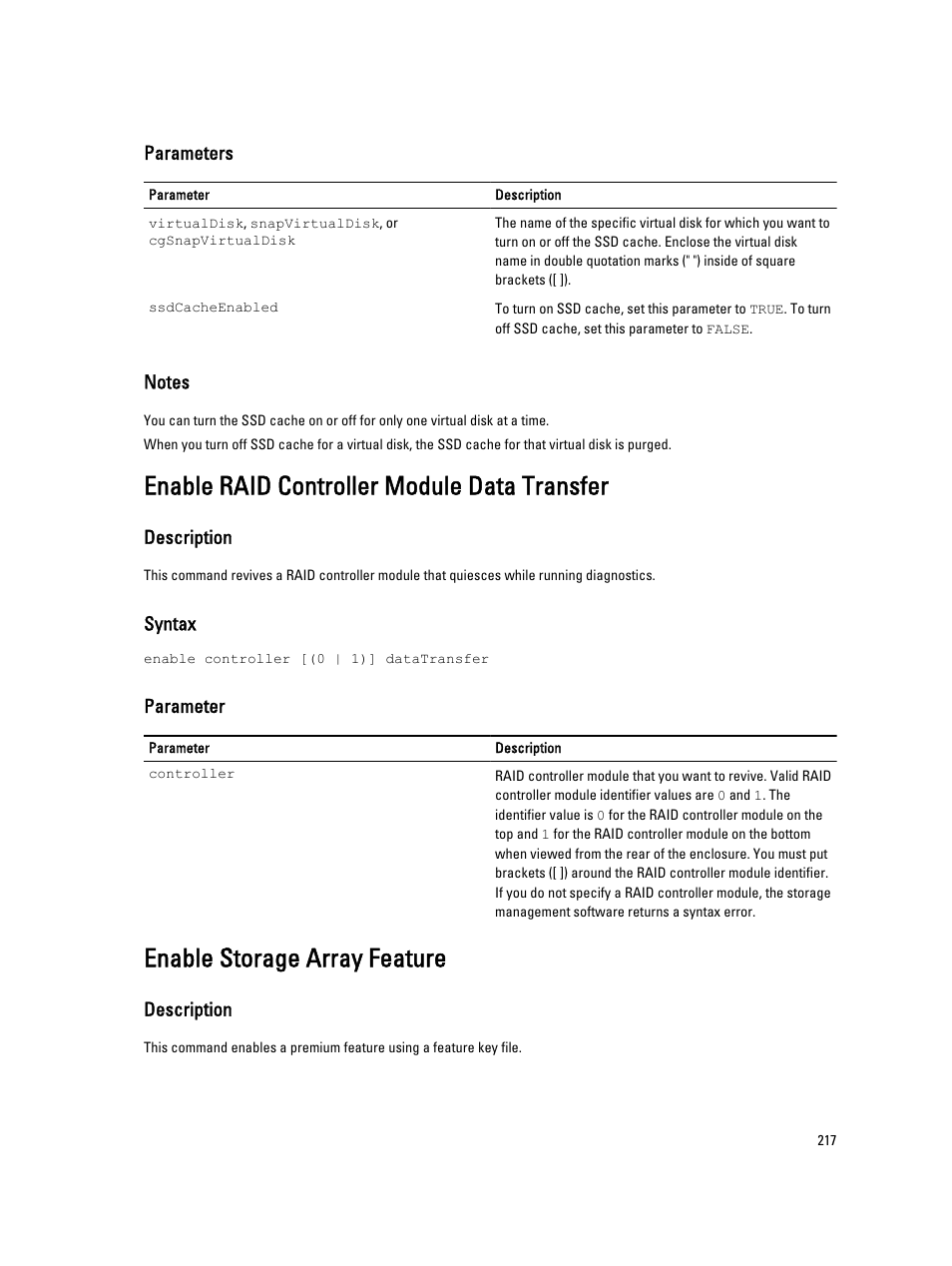 Enable raid controller module data transfer, Enable storage array feature | Dell PowerVault MD3260i User Manual | Page 217 / 388