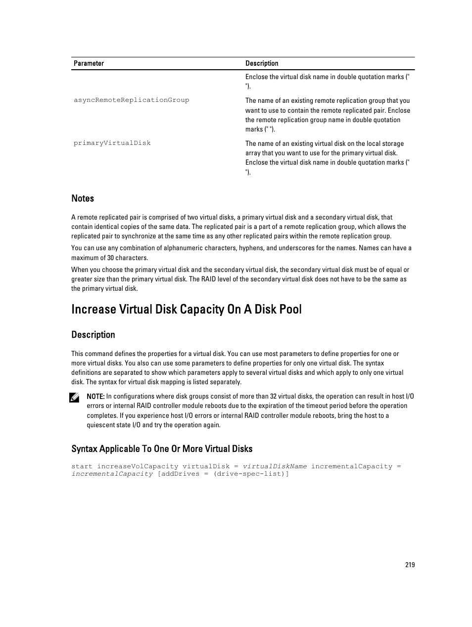 Increase virtual disk capacity on a disk pool, Description, Syntax applicable to one or more virtual disks | Dell PowerVault MD3260i User Manual | Page 219 / 388