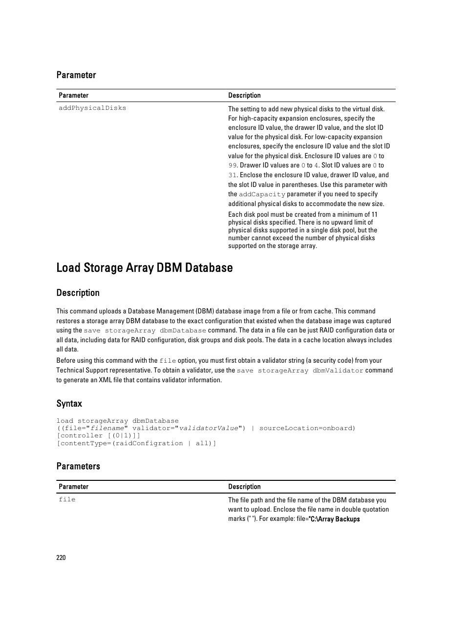 Load storage array dbm database, Parameter, Description | Syntax, Parameters | Dell PowerVault MD3260i User Manual | Page 220 / 388