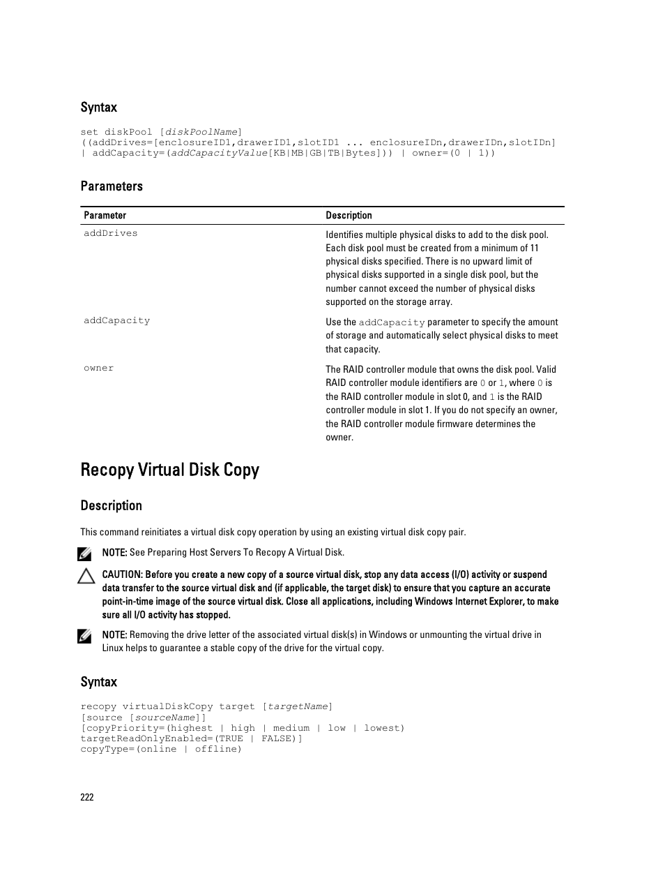 Recopy virtual disk copy, Syntax, Parameters | Description | Dell PowerVault MD3260i User Manual | Page 222 / 388