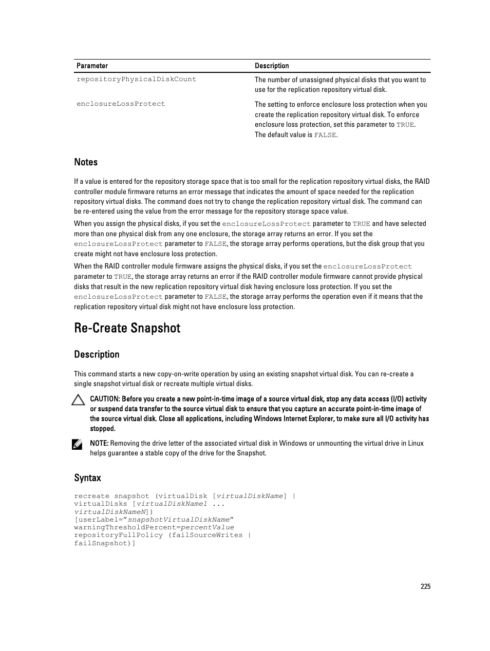 Re-create snapshot, Description, Syntax | Dell PowerVault MD3260i User Manual | Page 225 / 388